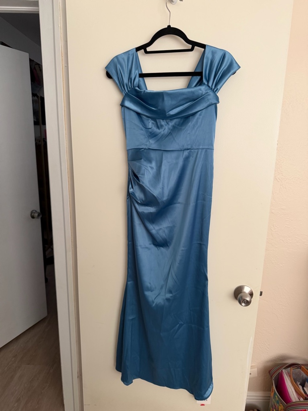 Cider Satin Light Blue Off-Shoulder Maxi Dress
